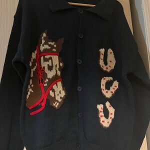 Navy Cardigan button up with Horse and Horseshoe Design embroidered detailing